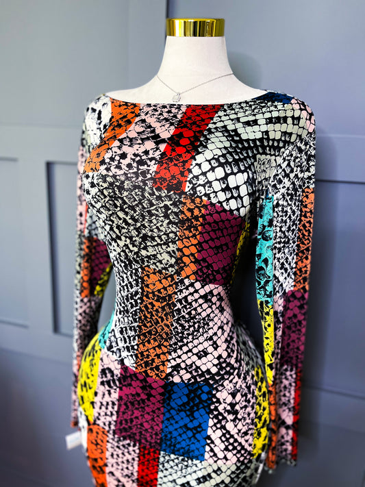 Bold Moves Bodycon Midi – Snake Patchwork, 16/18
