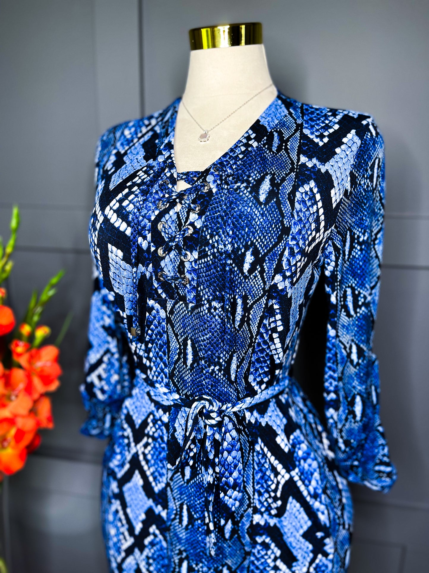 Navy Snakeskin Print Dress, M