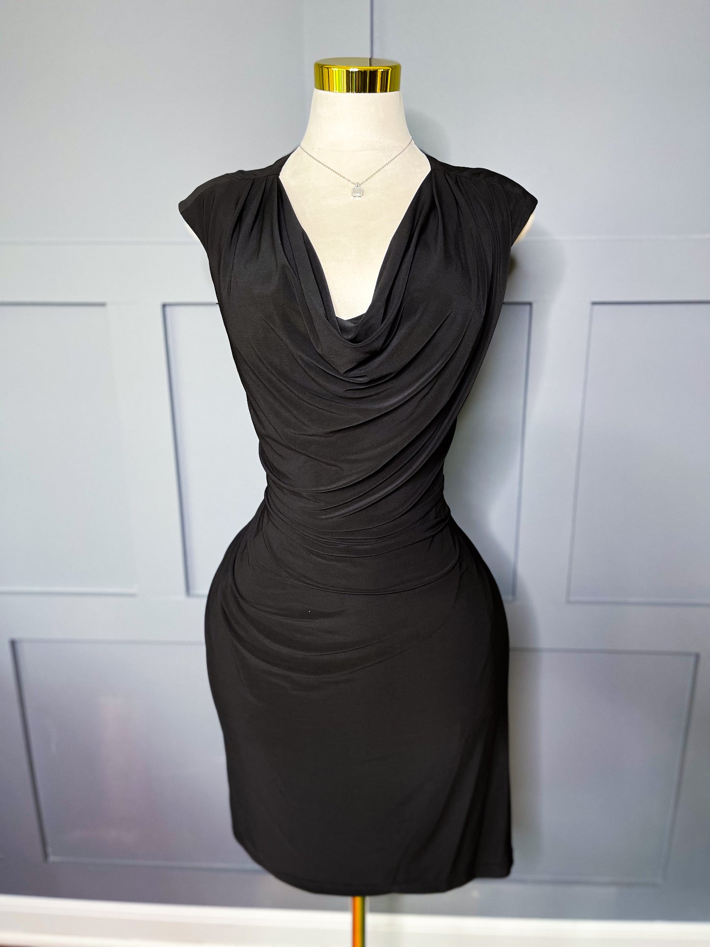 Sculpted Elegance Black Drape Dress,L