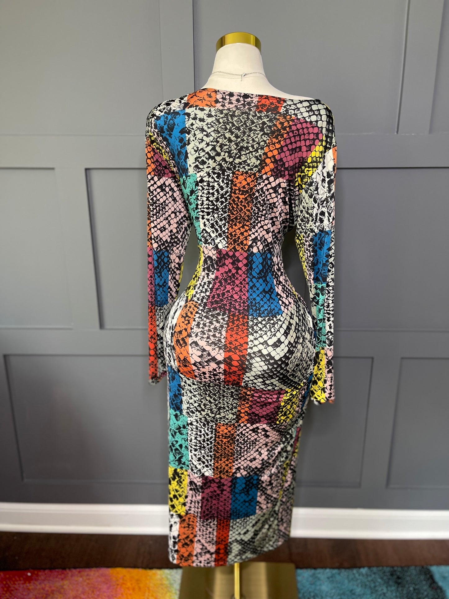 Bold Moves Bodycon Midi – Snake Patchwork, 16/18