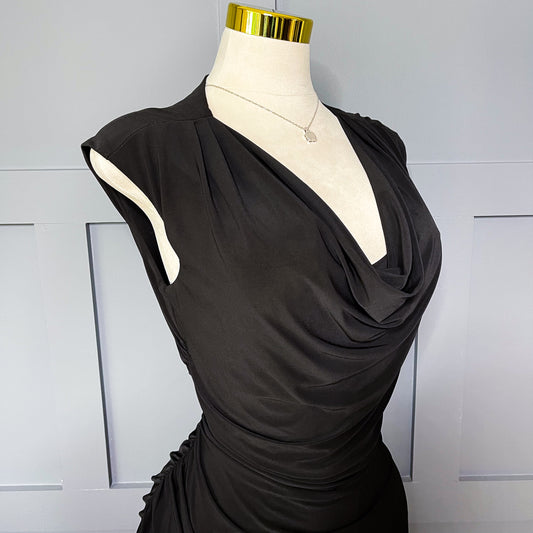 Sculpted Elegance Black Drape Dress,L