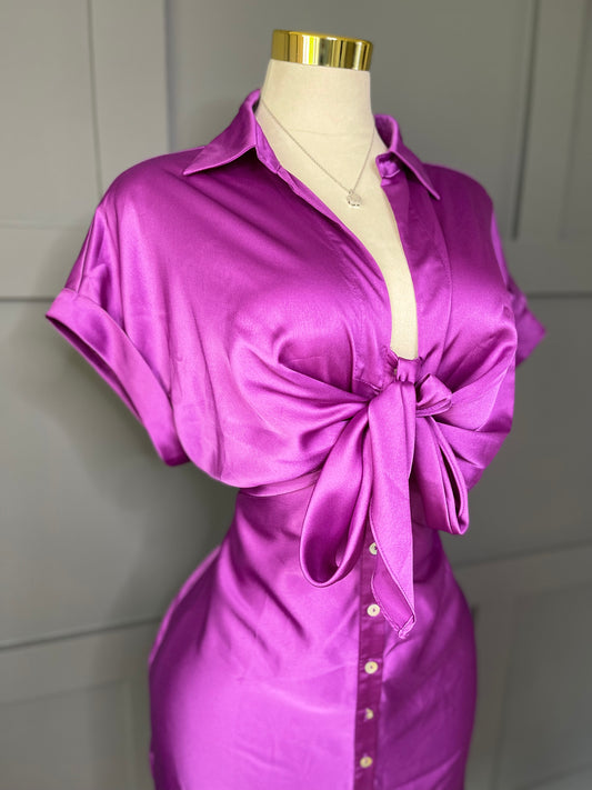 Satin Pop Button-Up Dress – Purple Reign, L