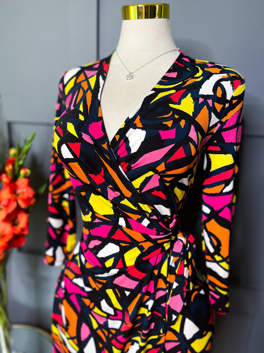 Multicolor Abstract Wrap Dress, M