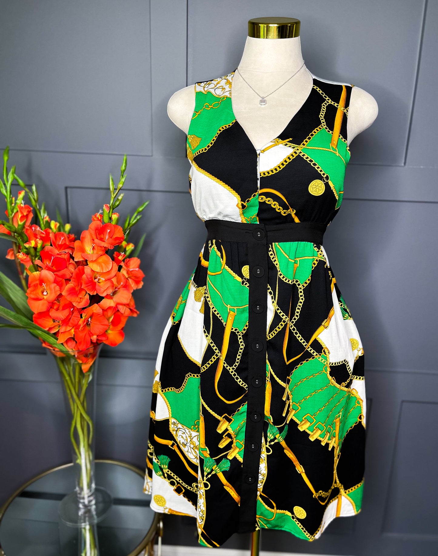 Vibrant Print Button Down Dress, L