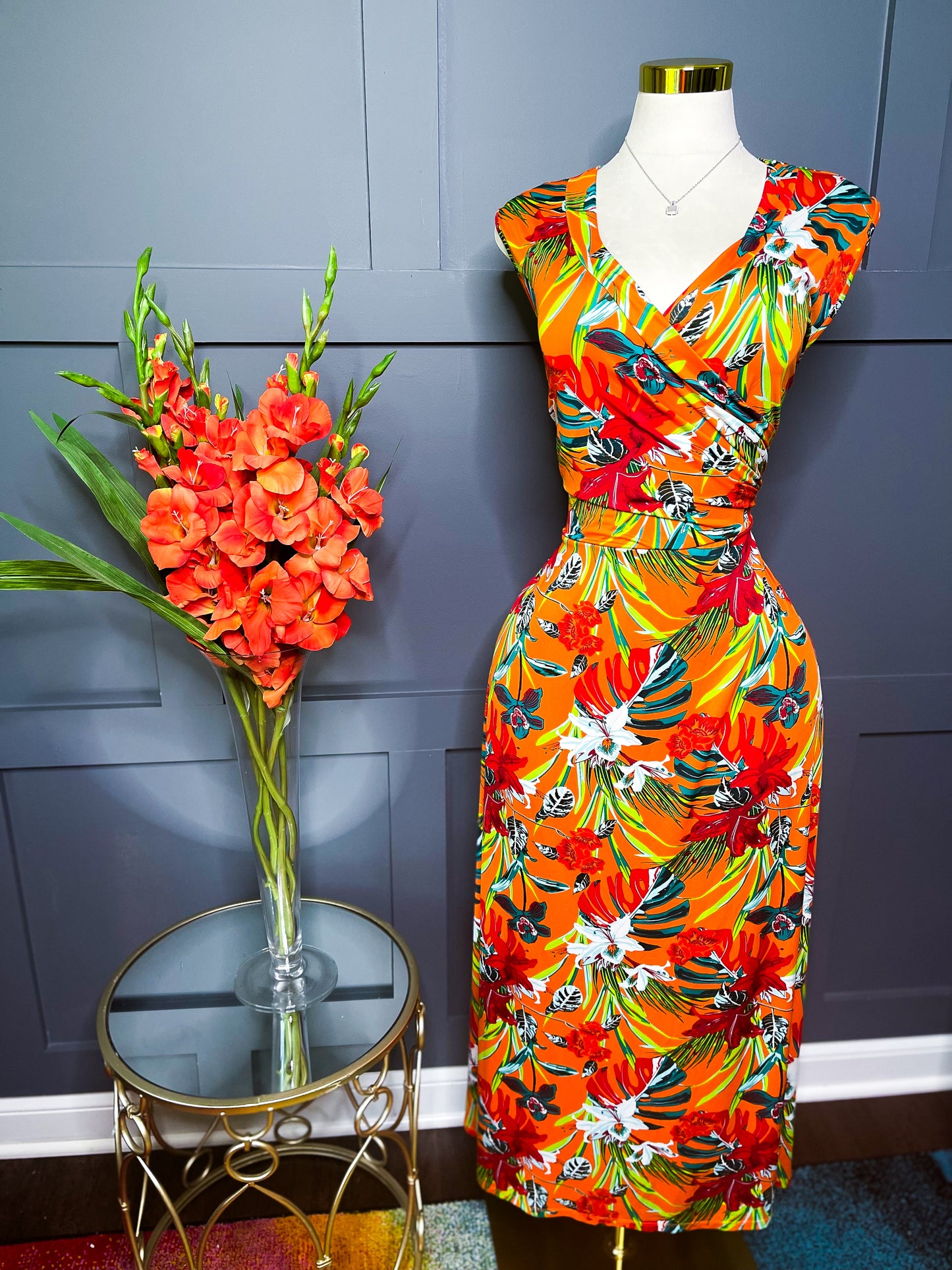 Tropical Sunset Wrap Midi Dress - 3X