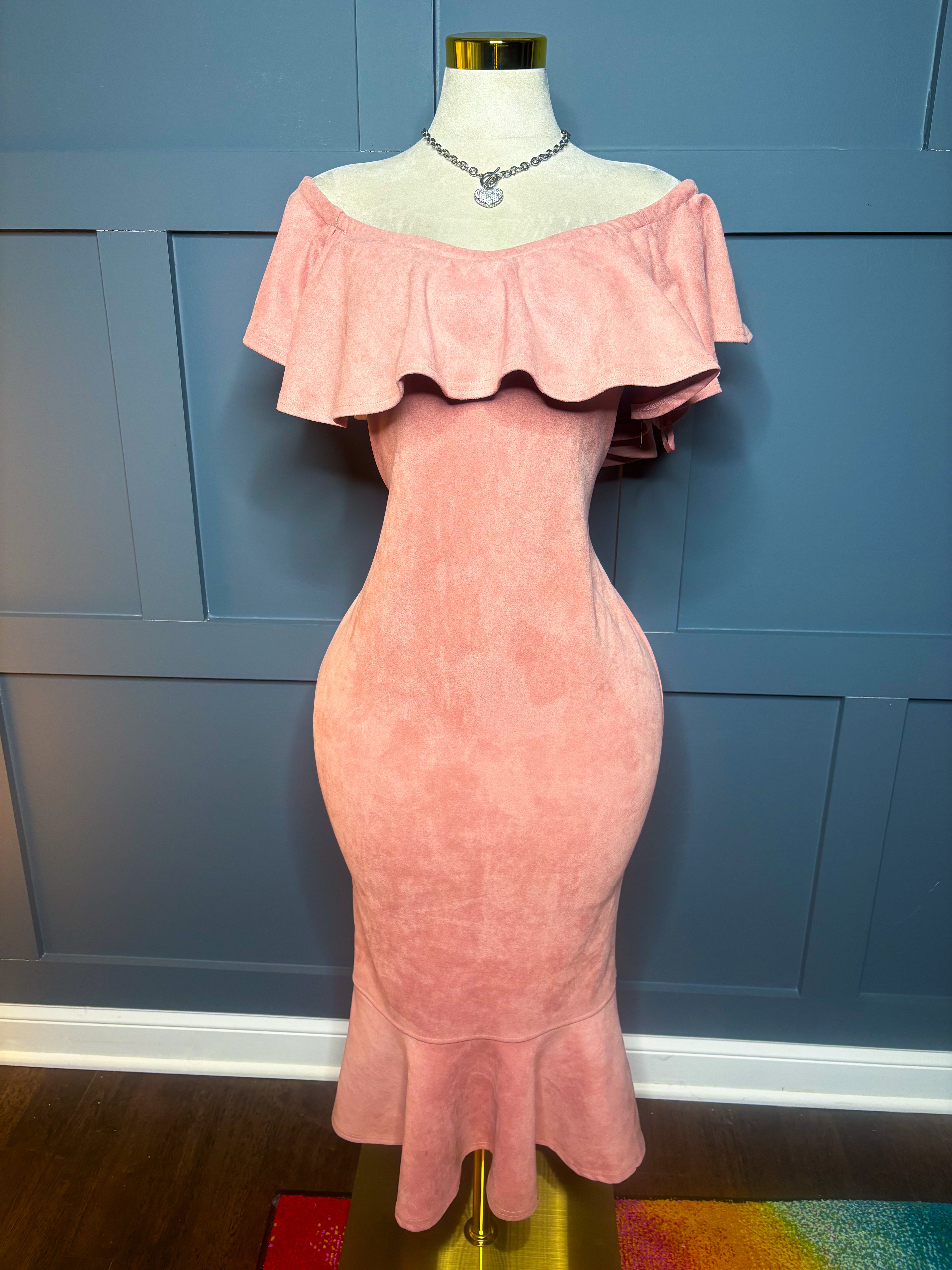 Pink Suede Off Shoulder Dress, 14/16