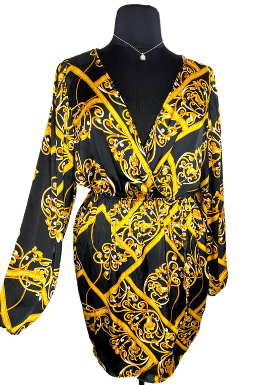 Tulip Hem Gold & Black Dress, 16/18
