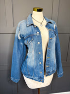 New Dark Denim Distressed Jacket, 2X/3X