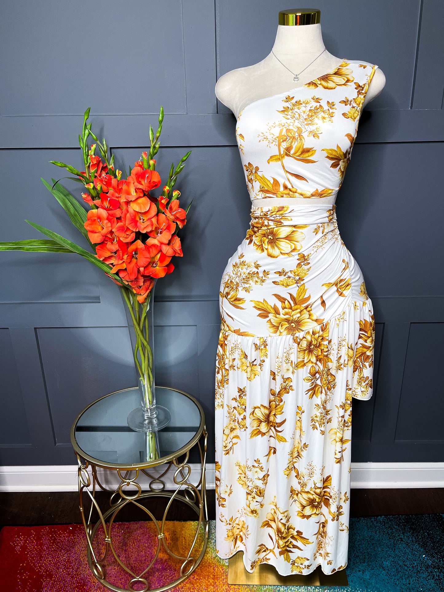 Asymmetrical Floral Cut Out Dress, L(12/14)