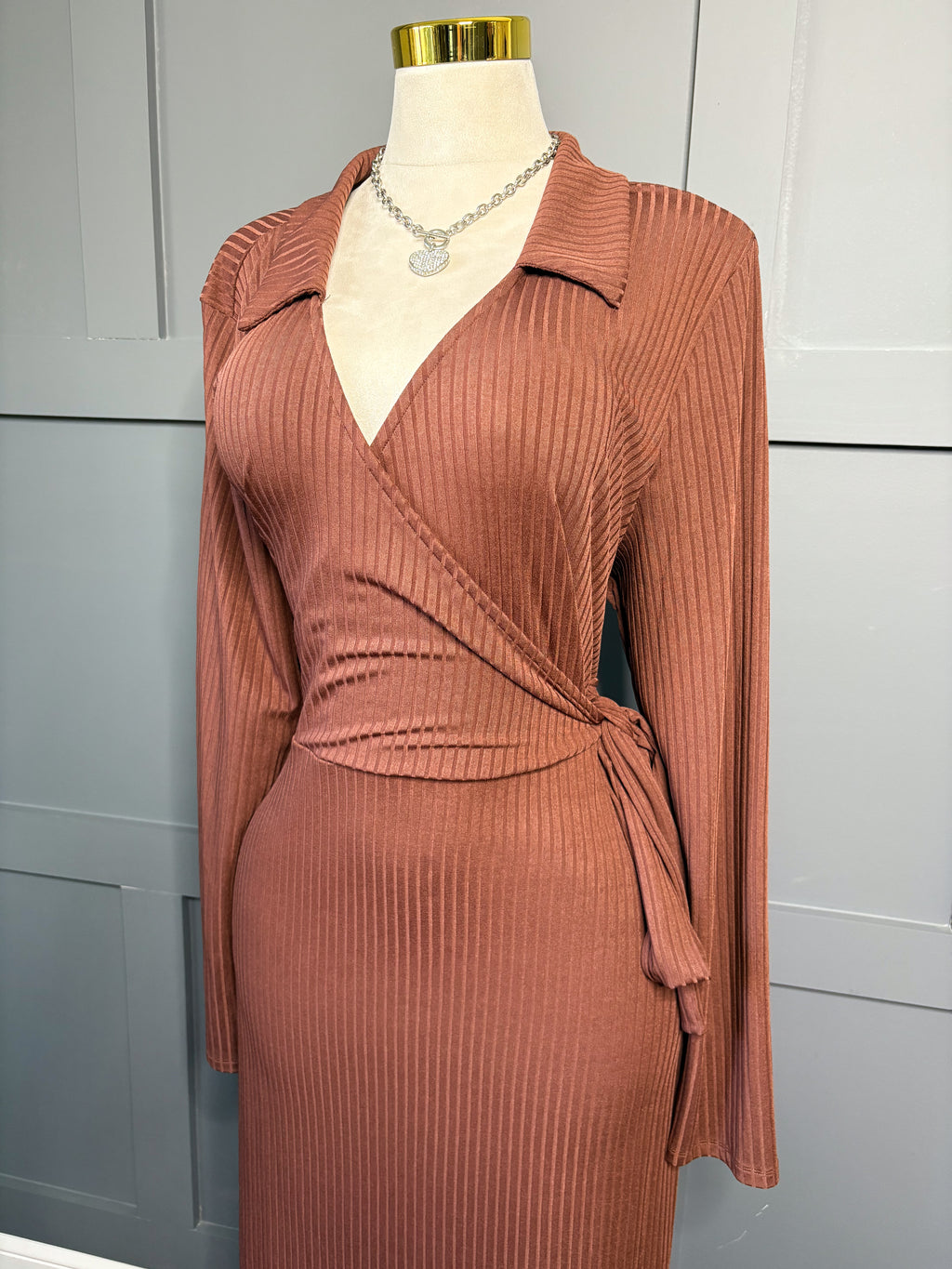 Chocolate Ribbed Wrap Midi Dress, 3X