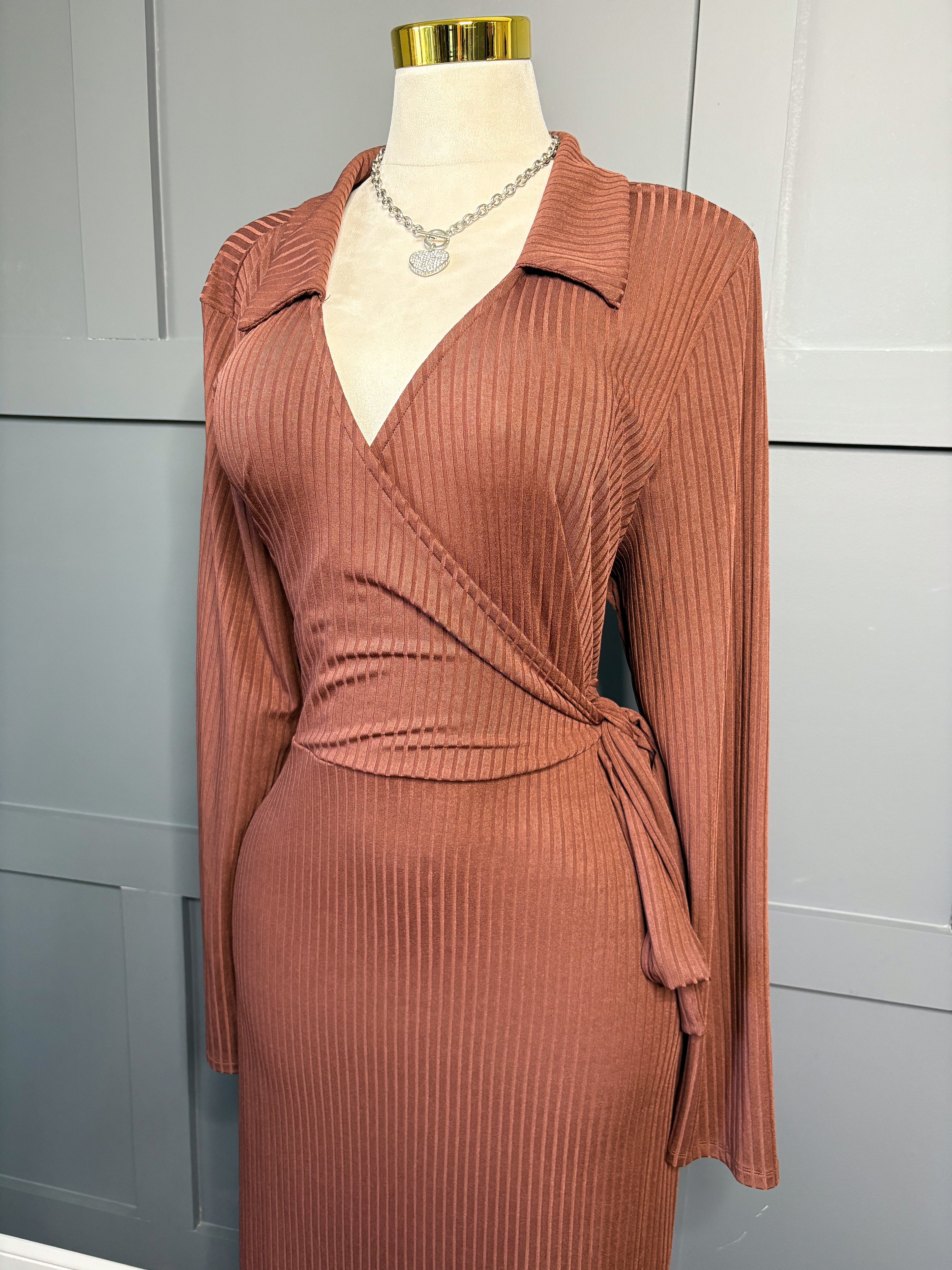 Chocolate Ribbed Wrap Midi Dress, 3X