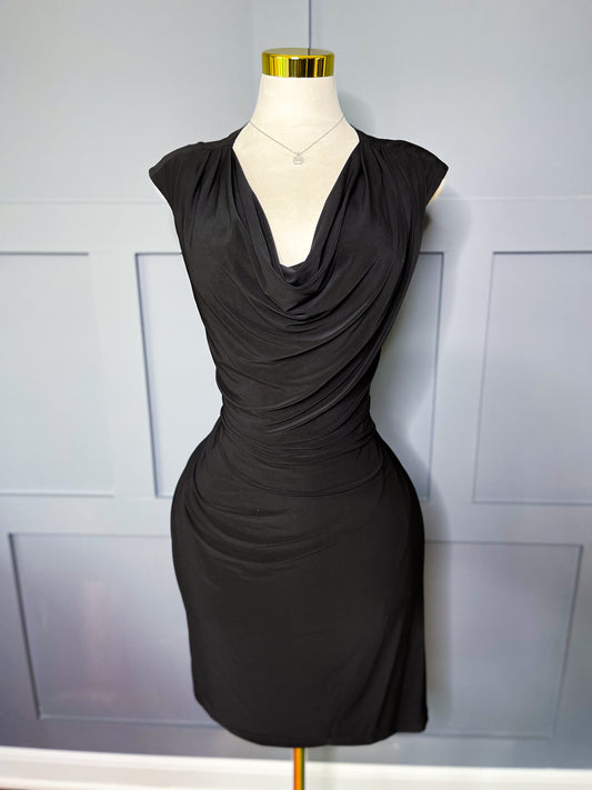 Sculpted Elegance Black Drape Dress,L