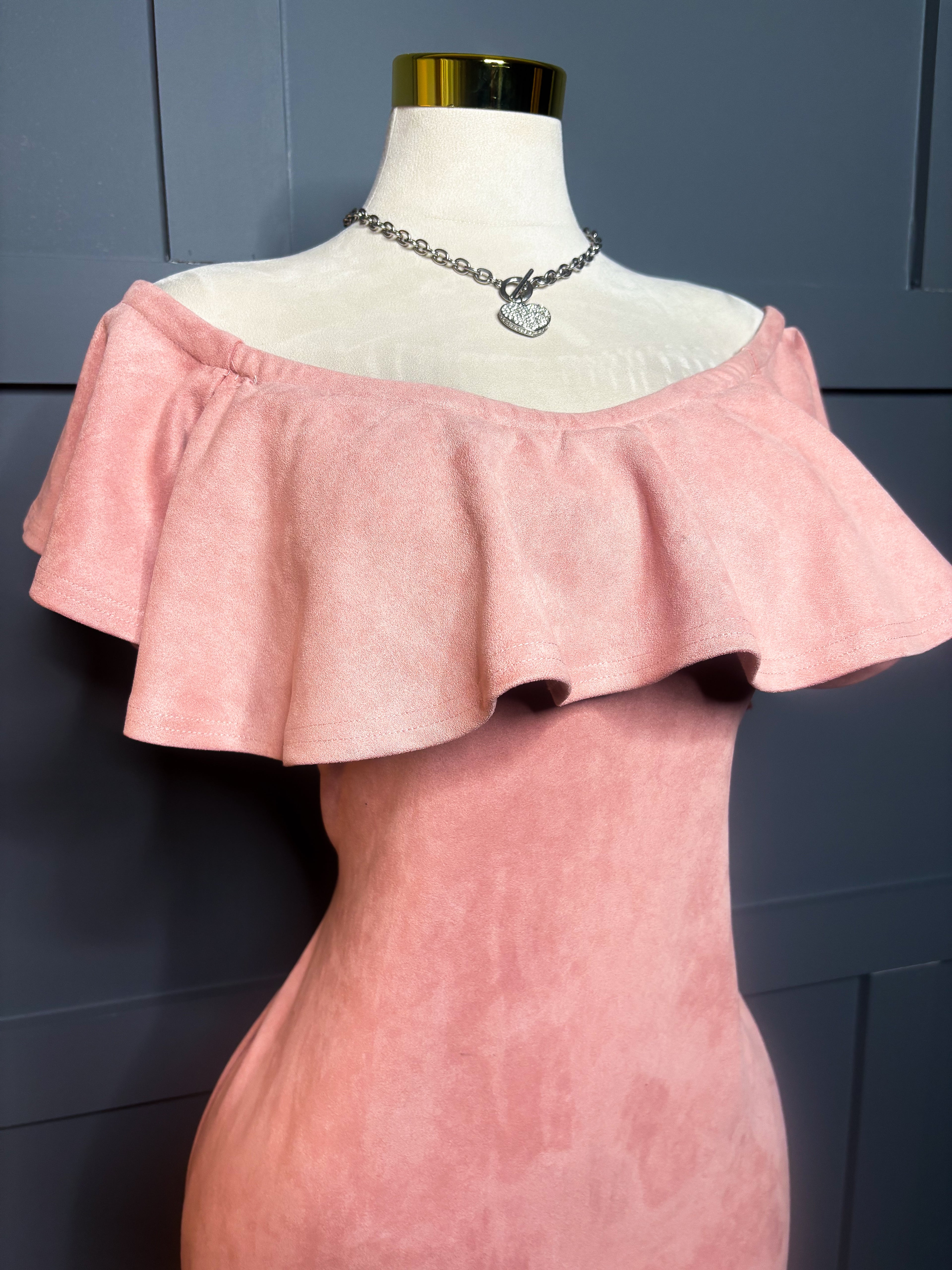 Pink Suede Off Shoulder Dress, 14/16
