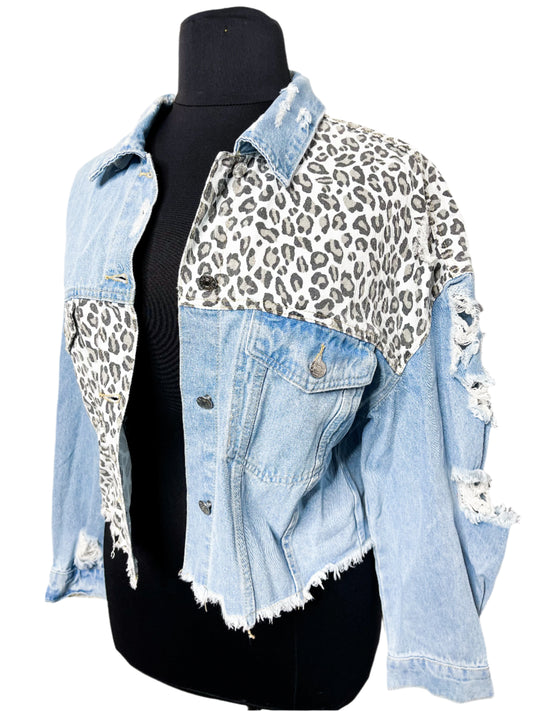New Colorblock Denim Distressed Jacket, 1X