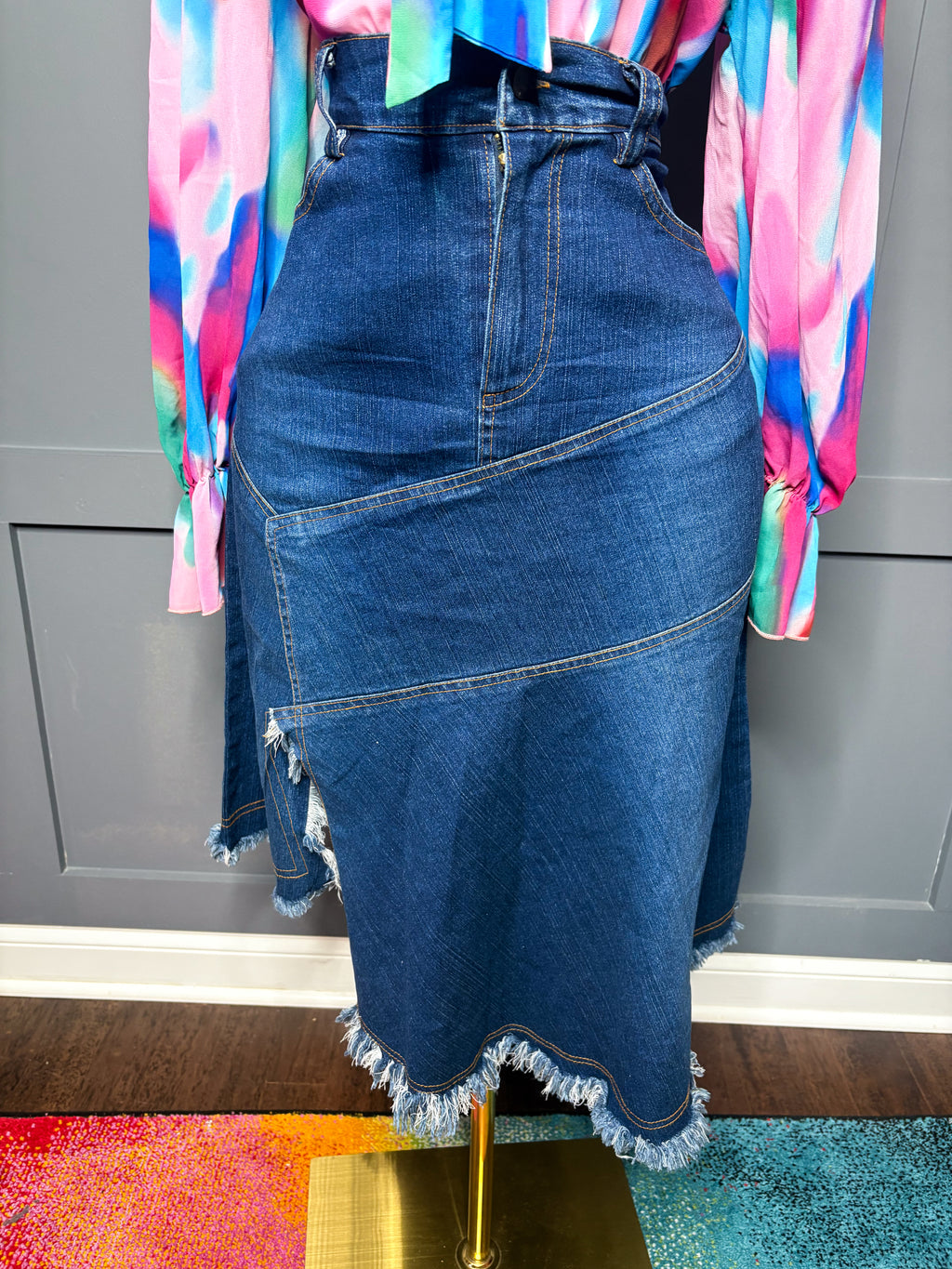 Denim asymmetrical frayed skirt, 10/12