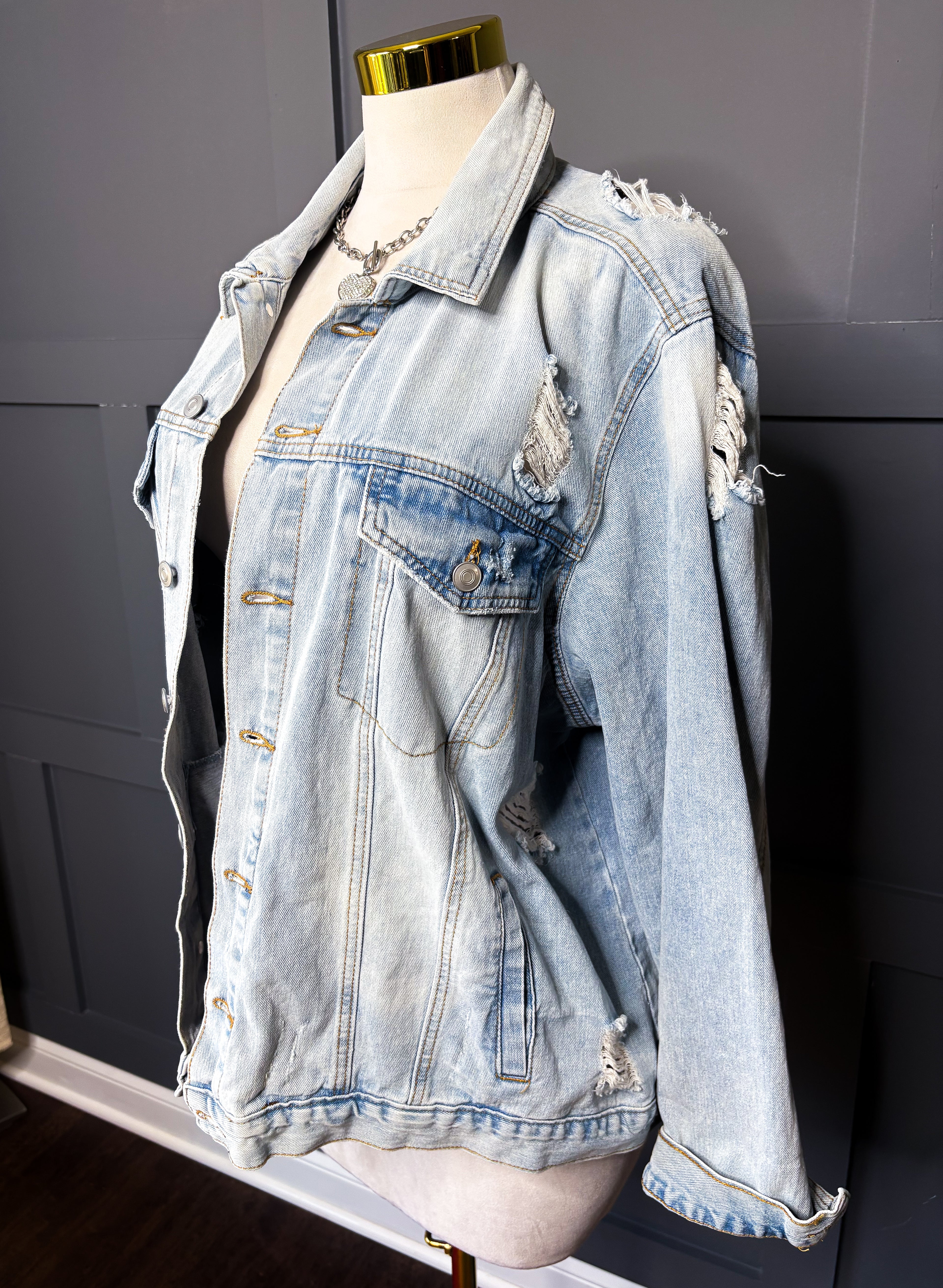 New Light Denim Distressed Jacket, 2X/3X