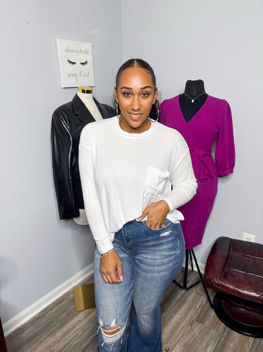 White Ribbed Pocket Blouse