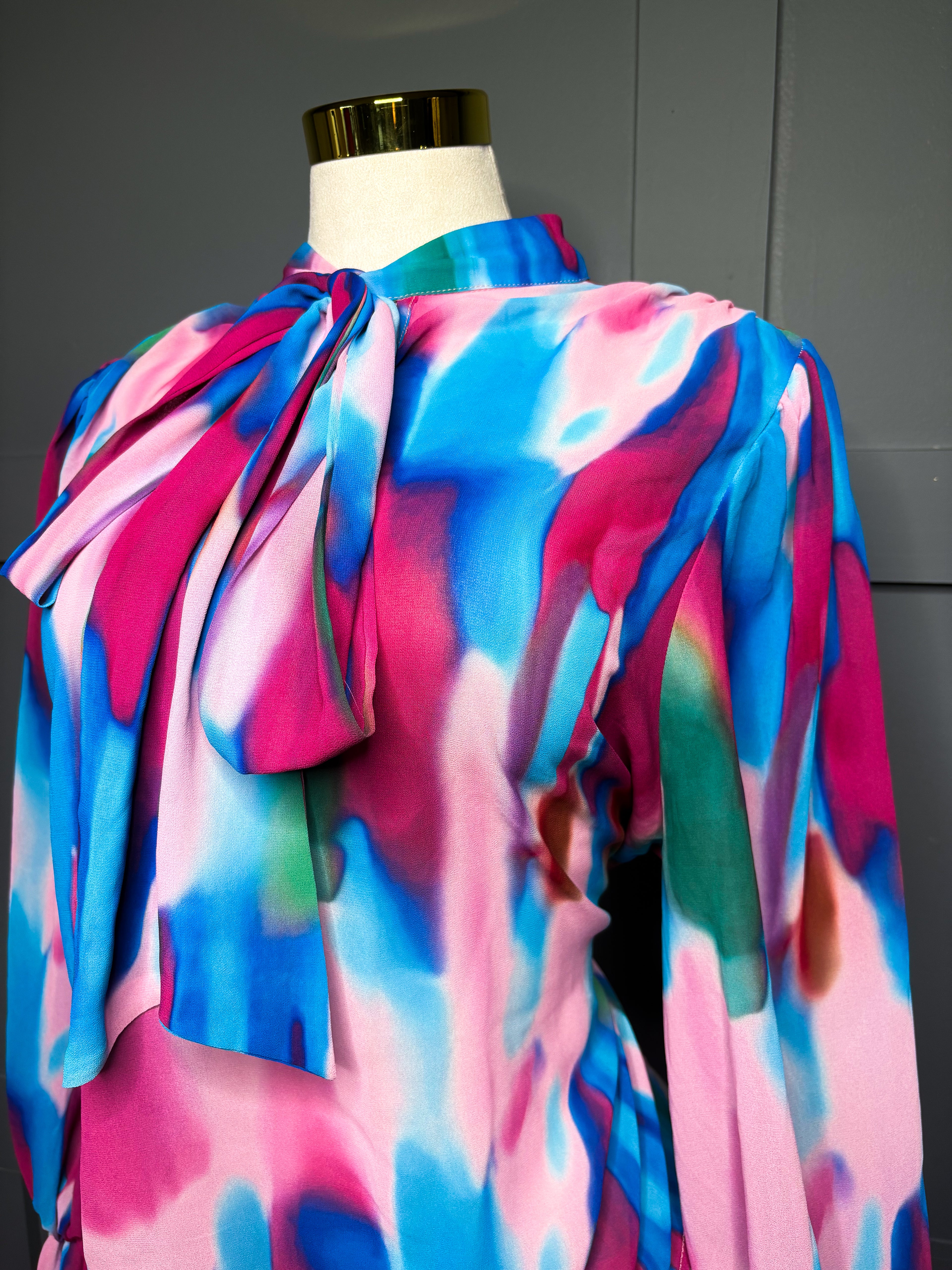 Watercolor Neck Tie Blouse,1X