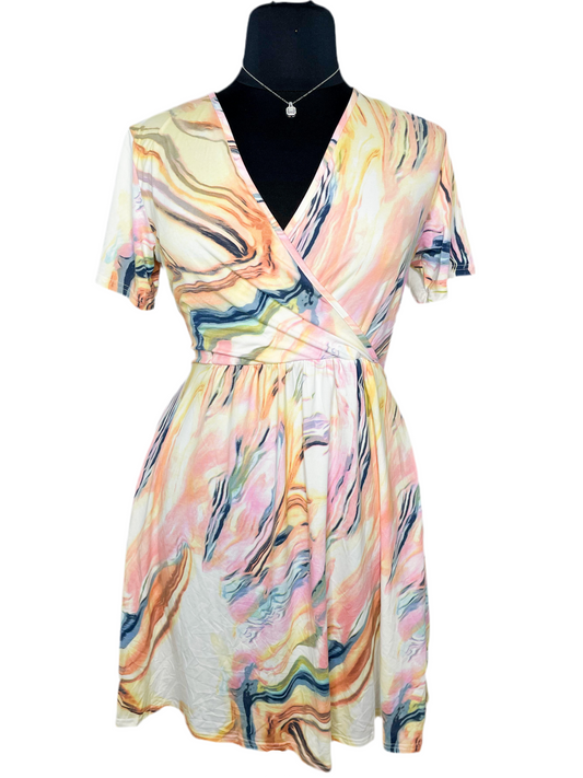 New Colorful Abstract Surplice Dress w/Pockets, 14W-16W
