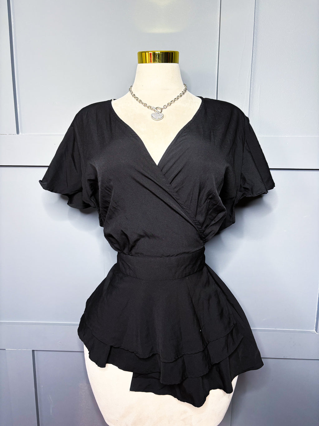 New Black Ruffle Peplum Blouse, 3X