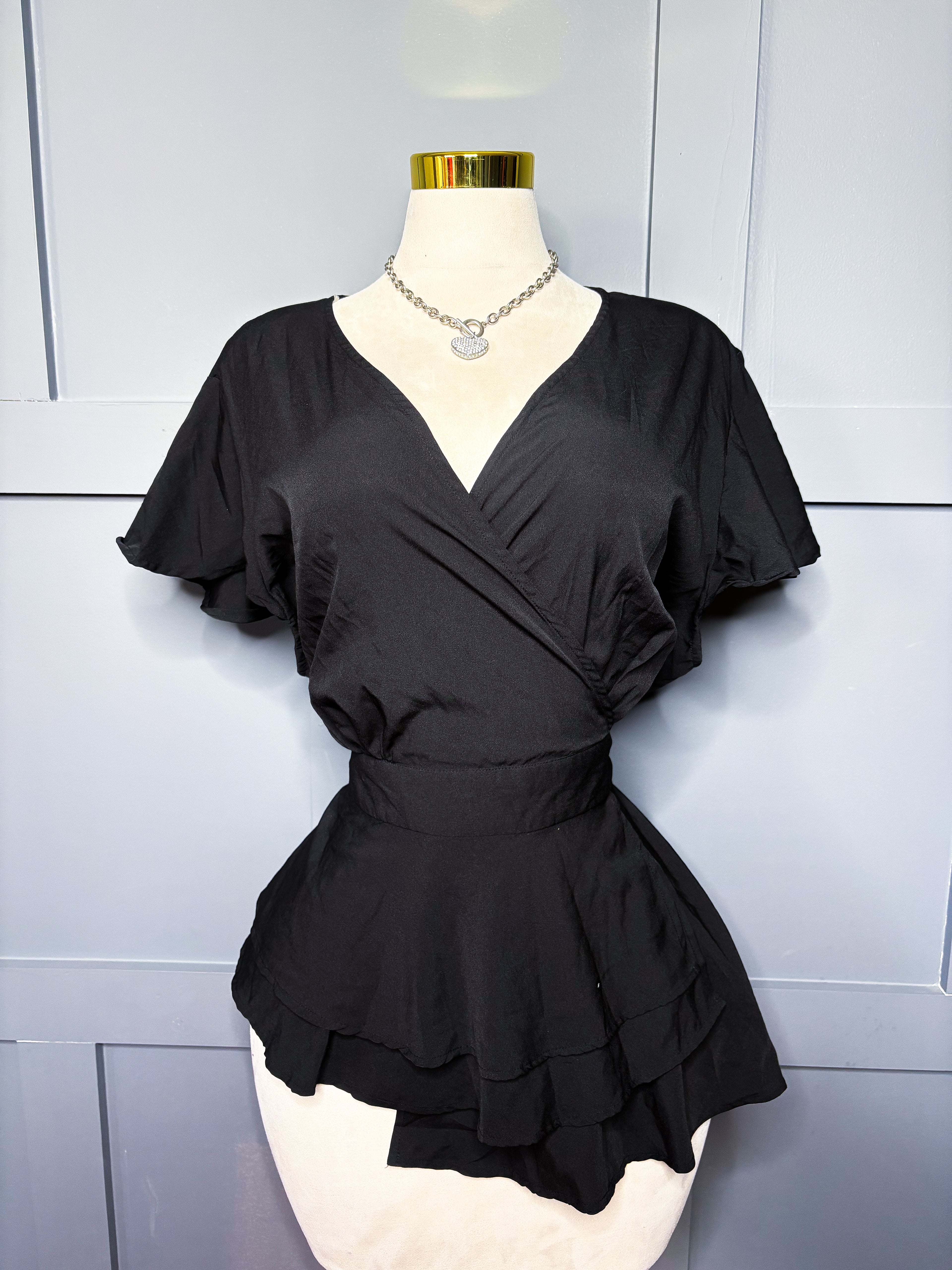 New Black Ruffle Peplum Blouse, 3X