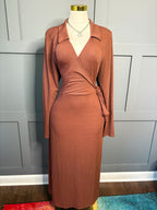 Chocolate Ribbed Wrap Midi Dress, 3X