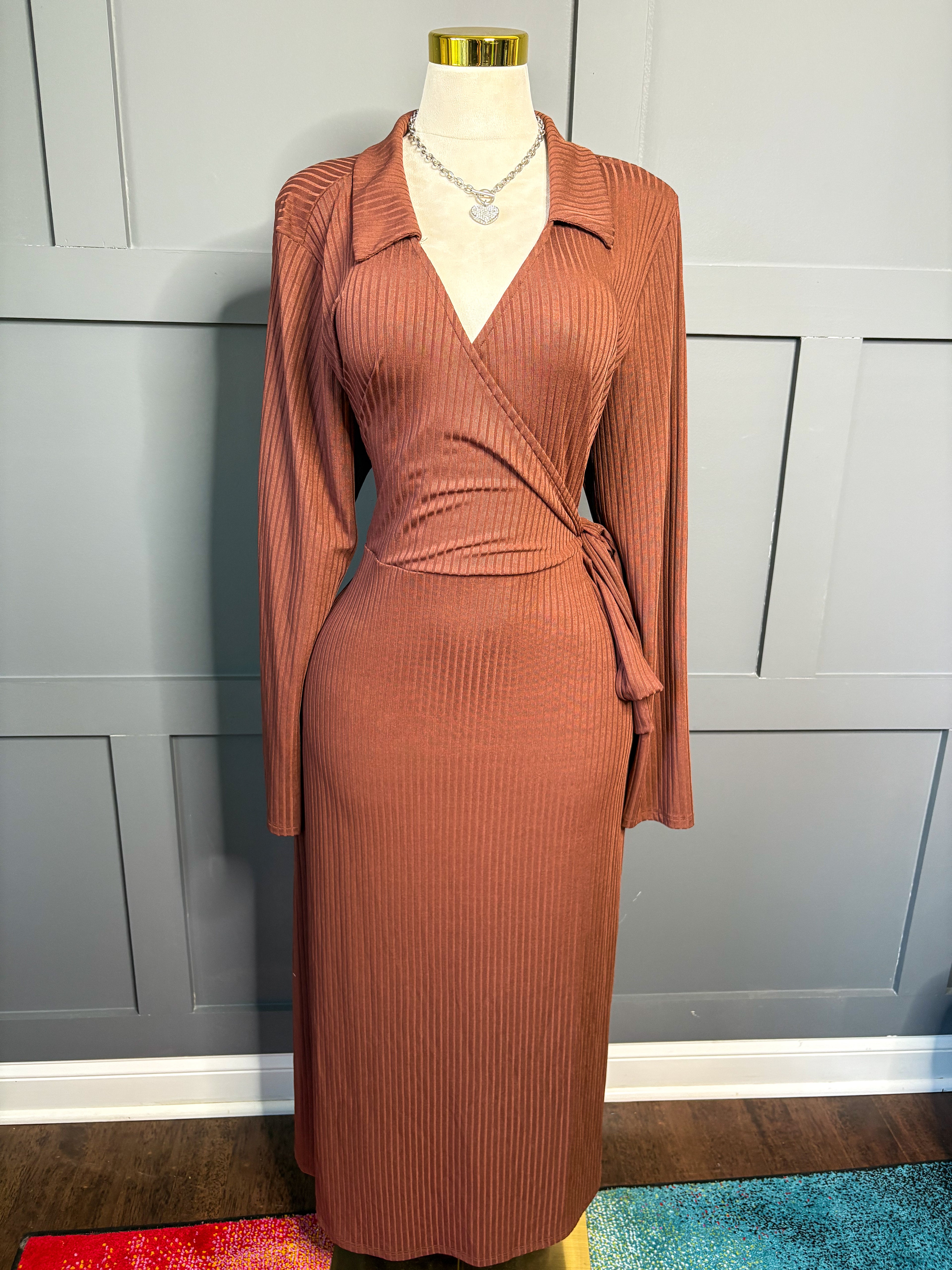 Chocolate Ribbed Wrap Midi Dress, 3X