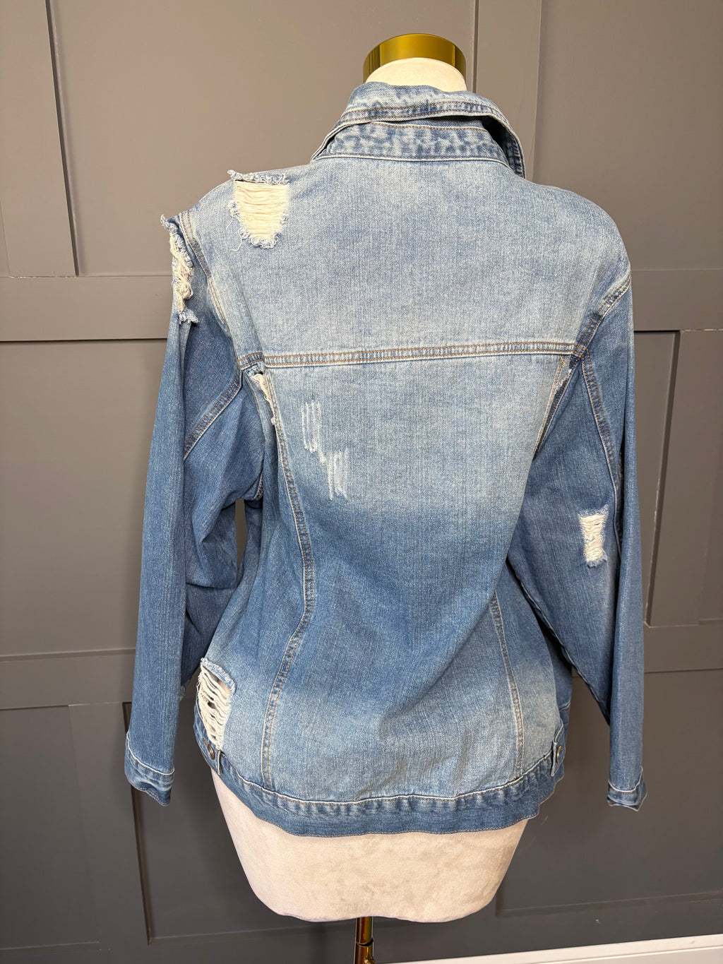 New Dark Denim Distressed Jacket, 2X/3X