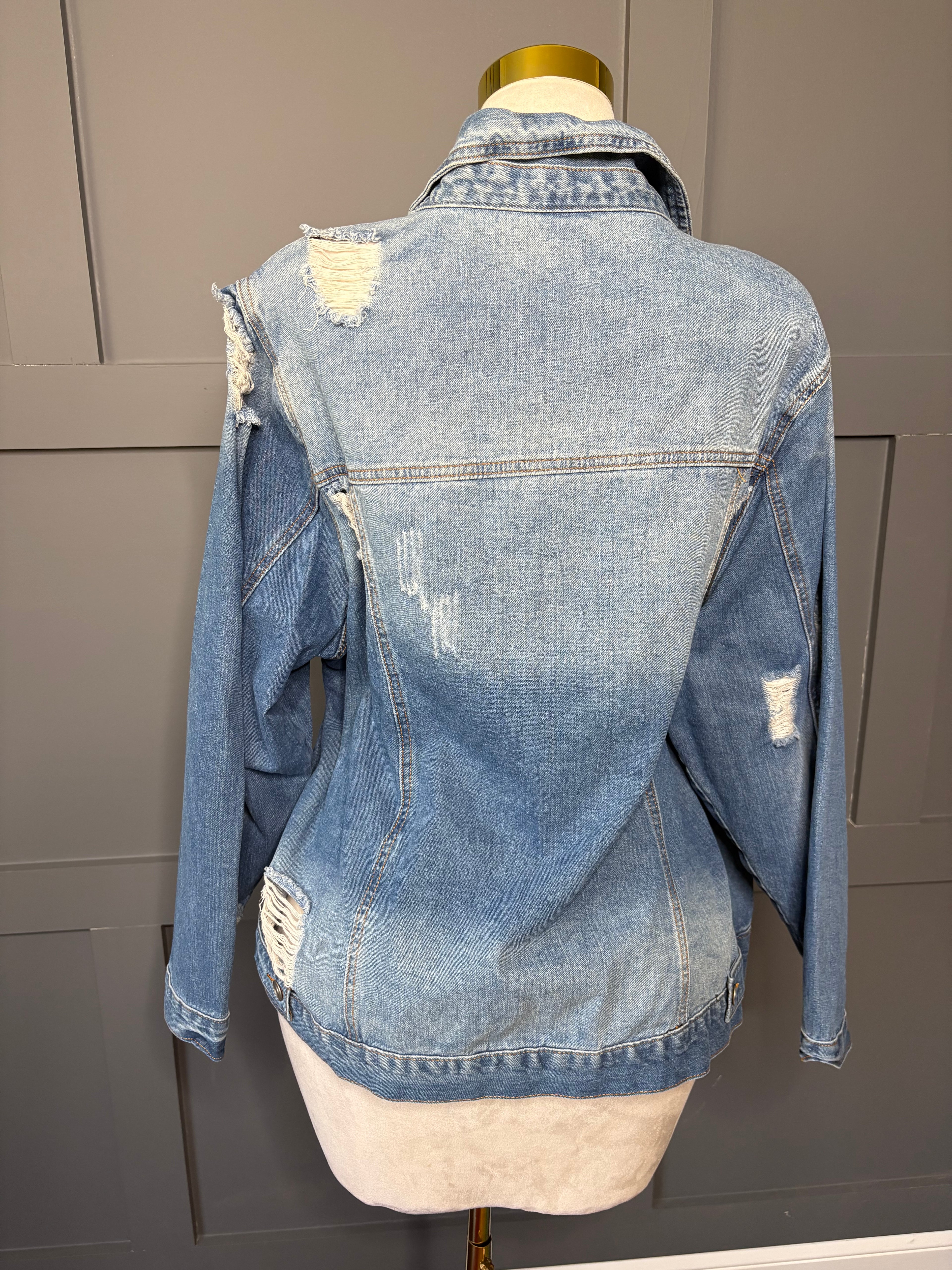 New Dark Denim Distressed Jacket, 2X/3X