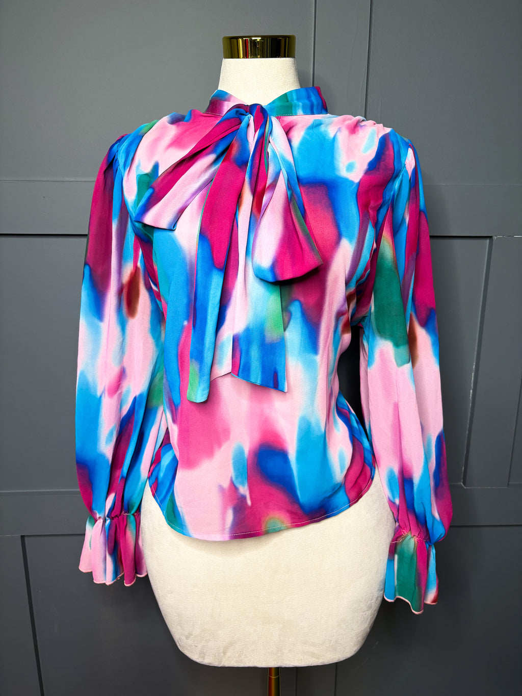 Watercolor Neck Tie Blouse,1X