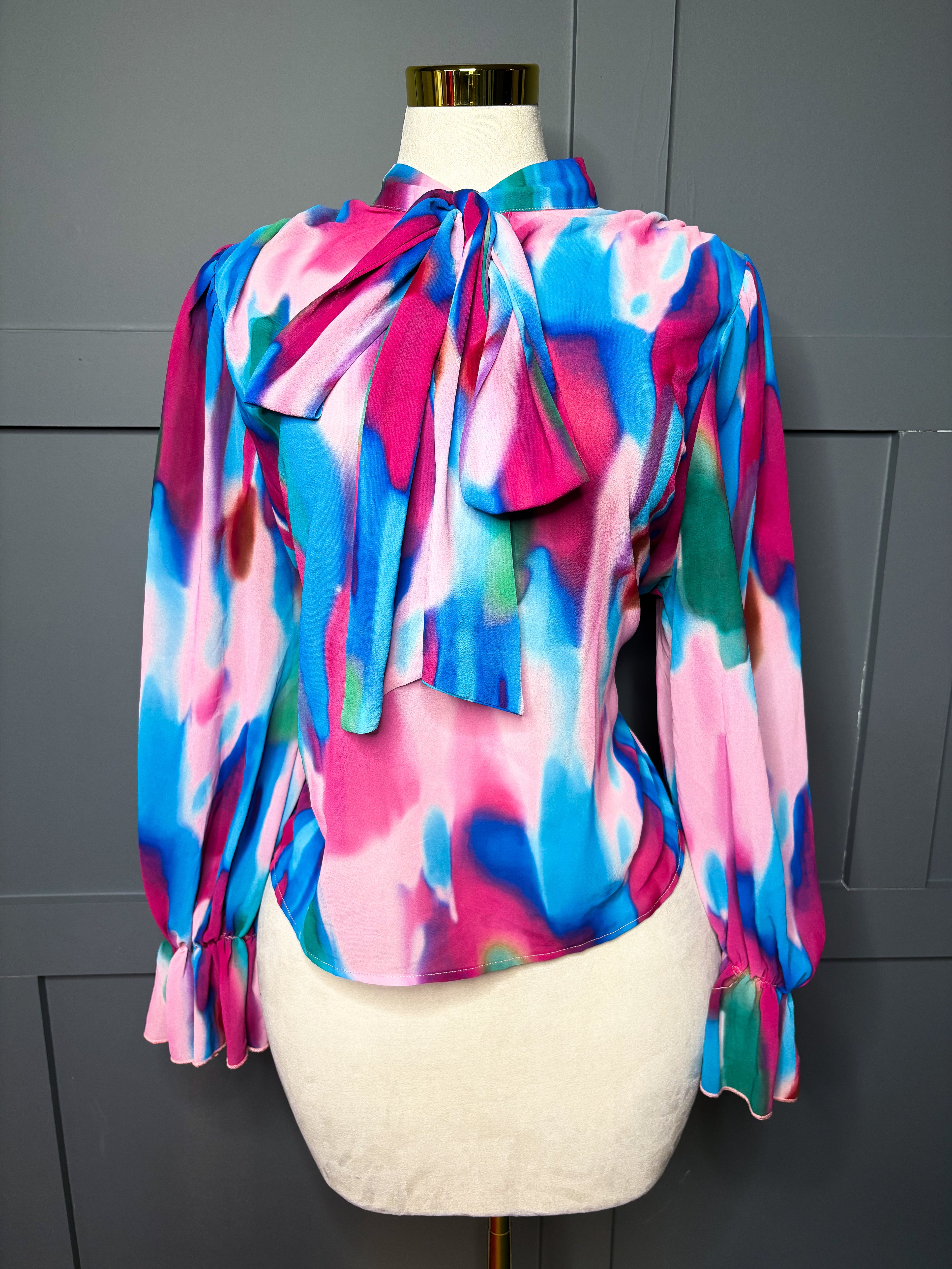 Watercolor Neck Tie Blouse,1X