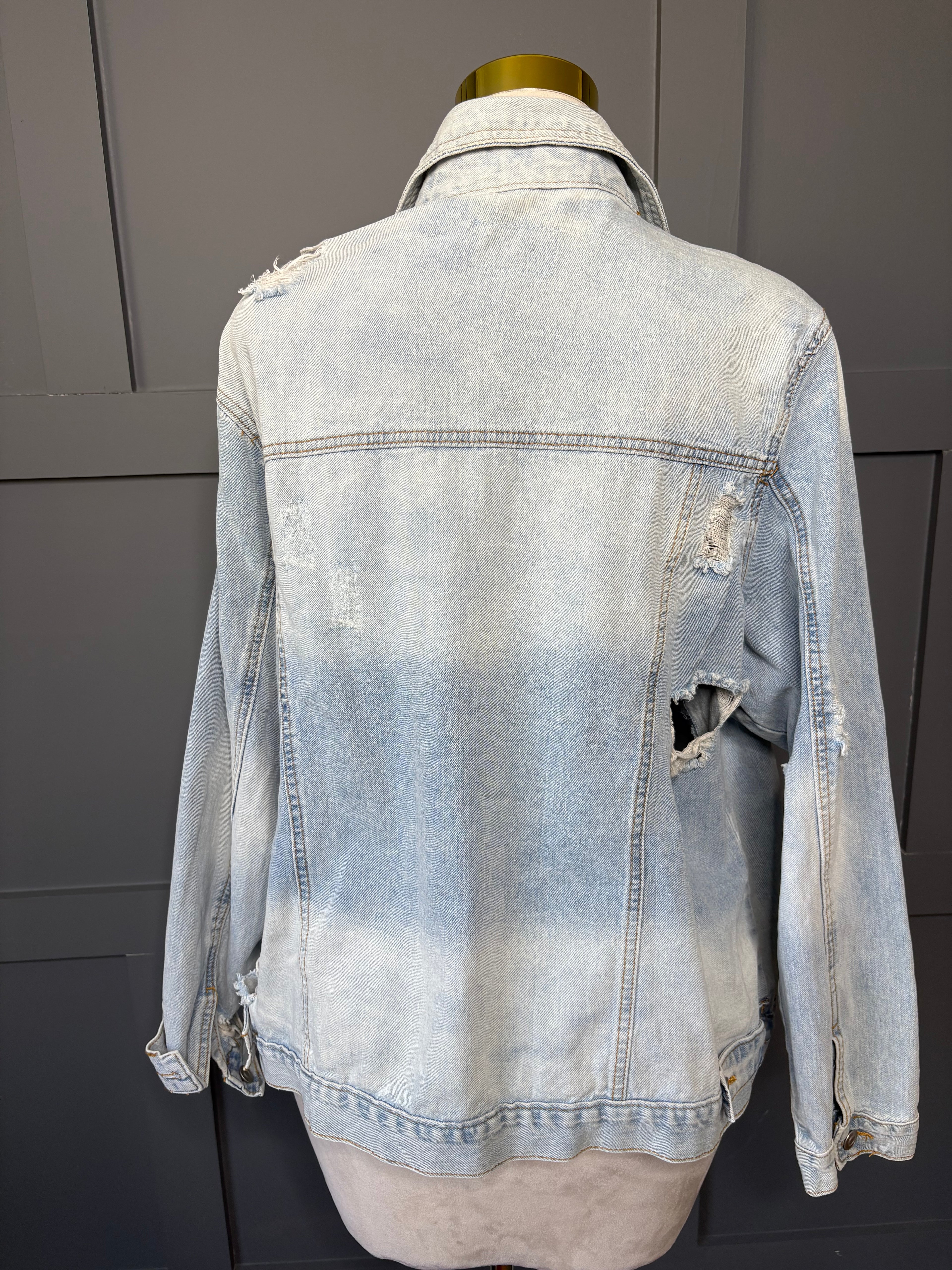 New Light Denim Distressed Jacket, 2X/3X