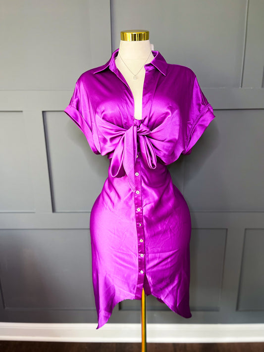 Satin Pop Button-Up Dress – Purple Reign, L