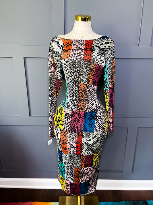 Bold Moves Bodycon Midi – Snake Patchwork, 16/18