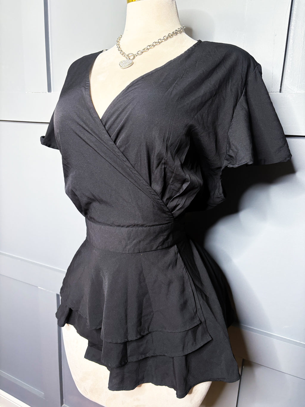New Black Ruffle Peplum Blouse, 3X