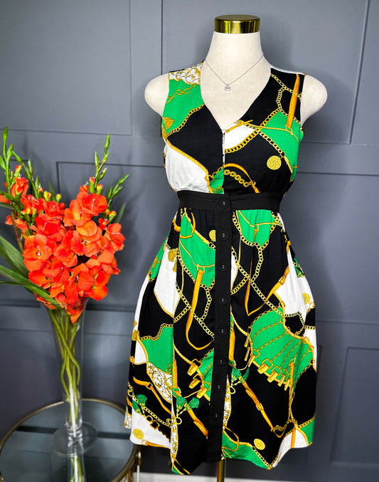 Vibrant Print Button Down Dress, L