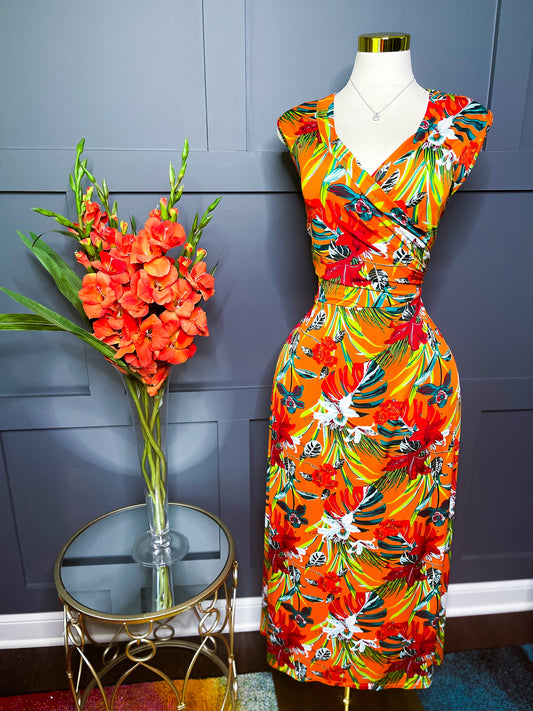 Tropical Sunset Wrap Midi Dress - 3X