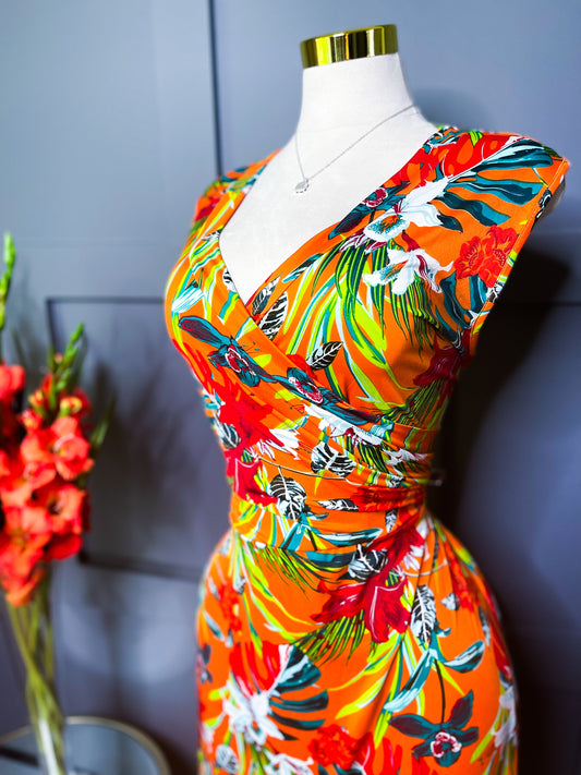 Tropical Sunset Wrap Midi Dress - 3X