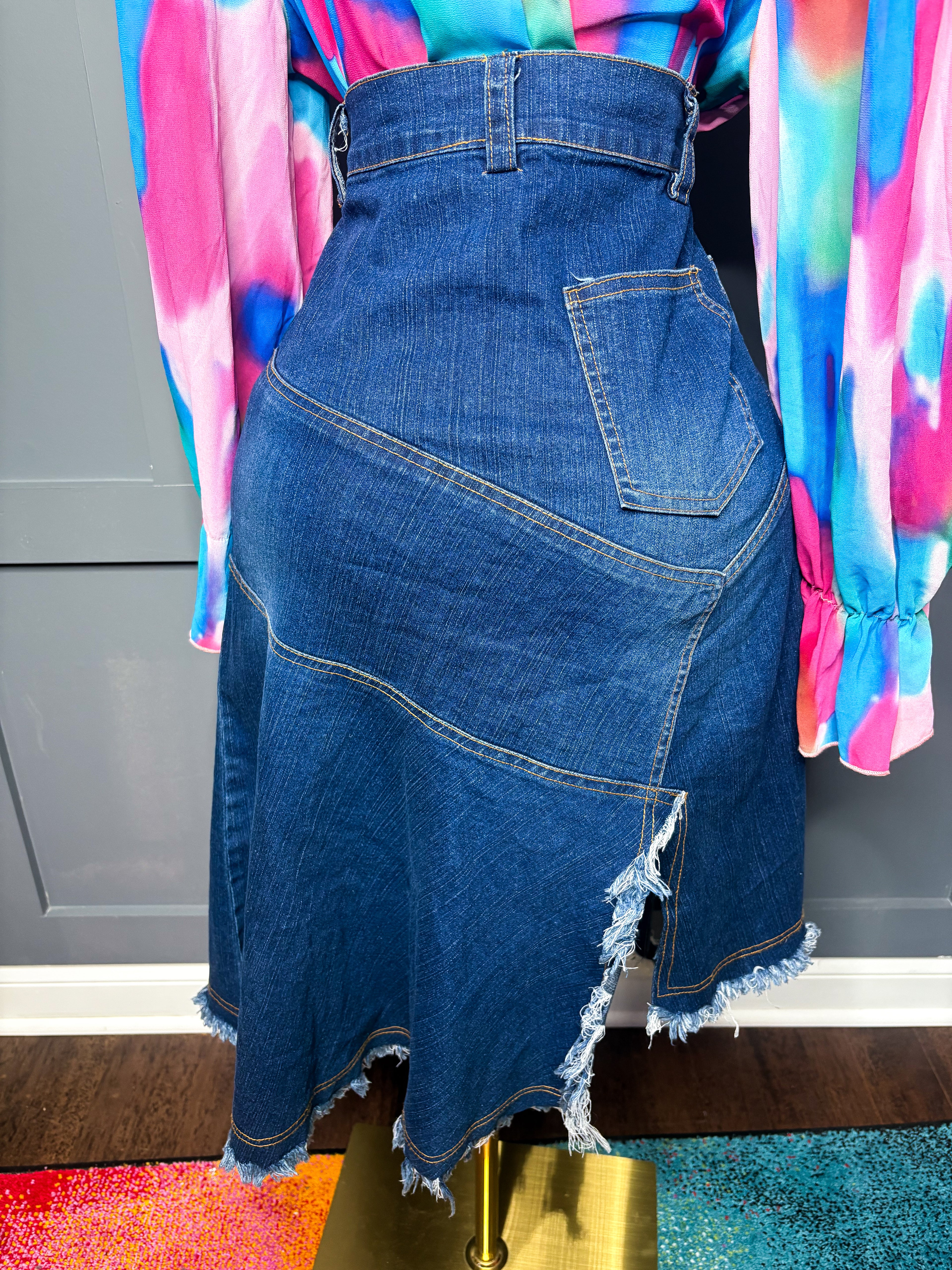 Denim asymmetrical frayed skirt, 10/12