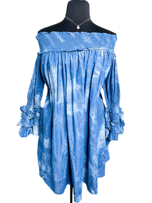 Off Shoulder Demin Tunic Dress, Fits L-2X