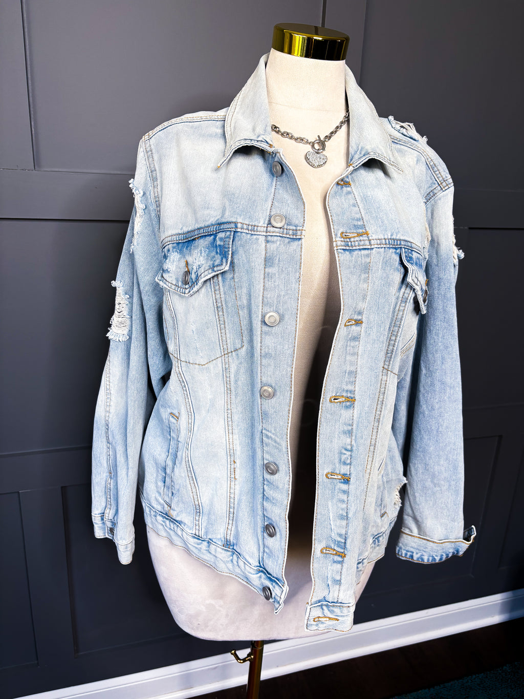 New Light Denim Distressed Jacket, 2X/3X