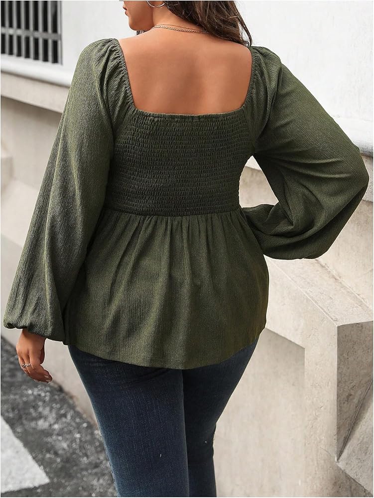 Long Sleeve Ruffle Hem Peplum Blouse Top, 2X