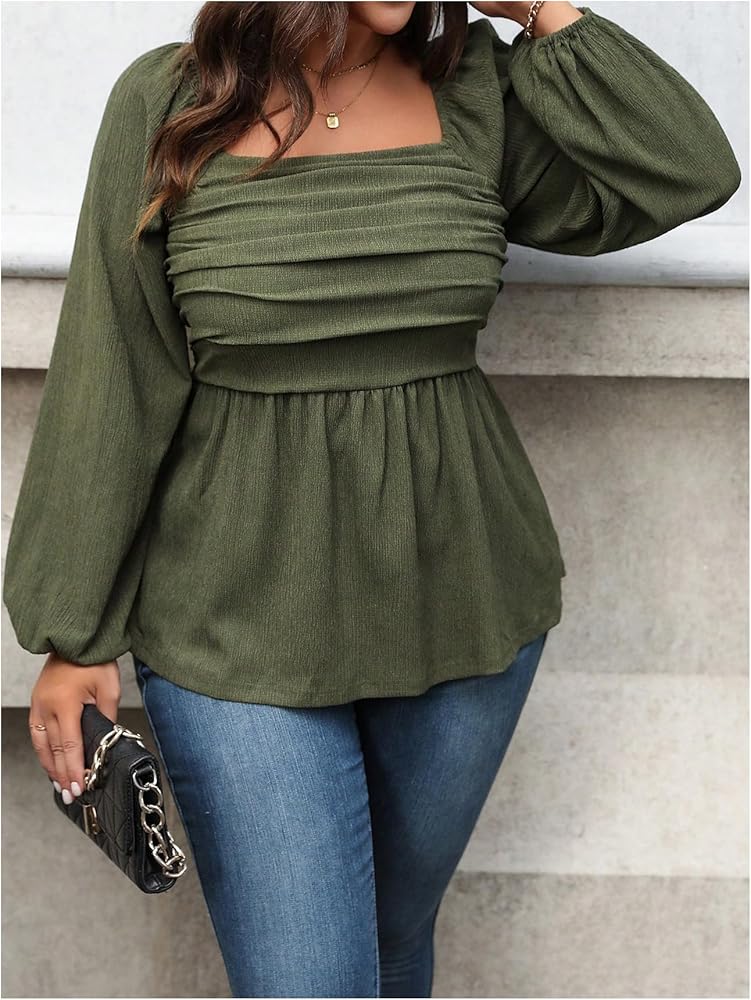 Long Sleeve Ruffle Hem Peplum Blouse Top, 2X