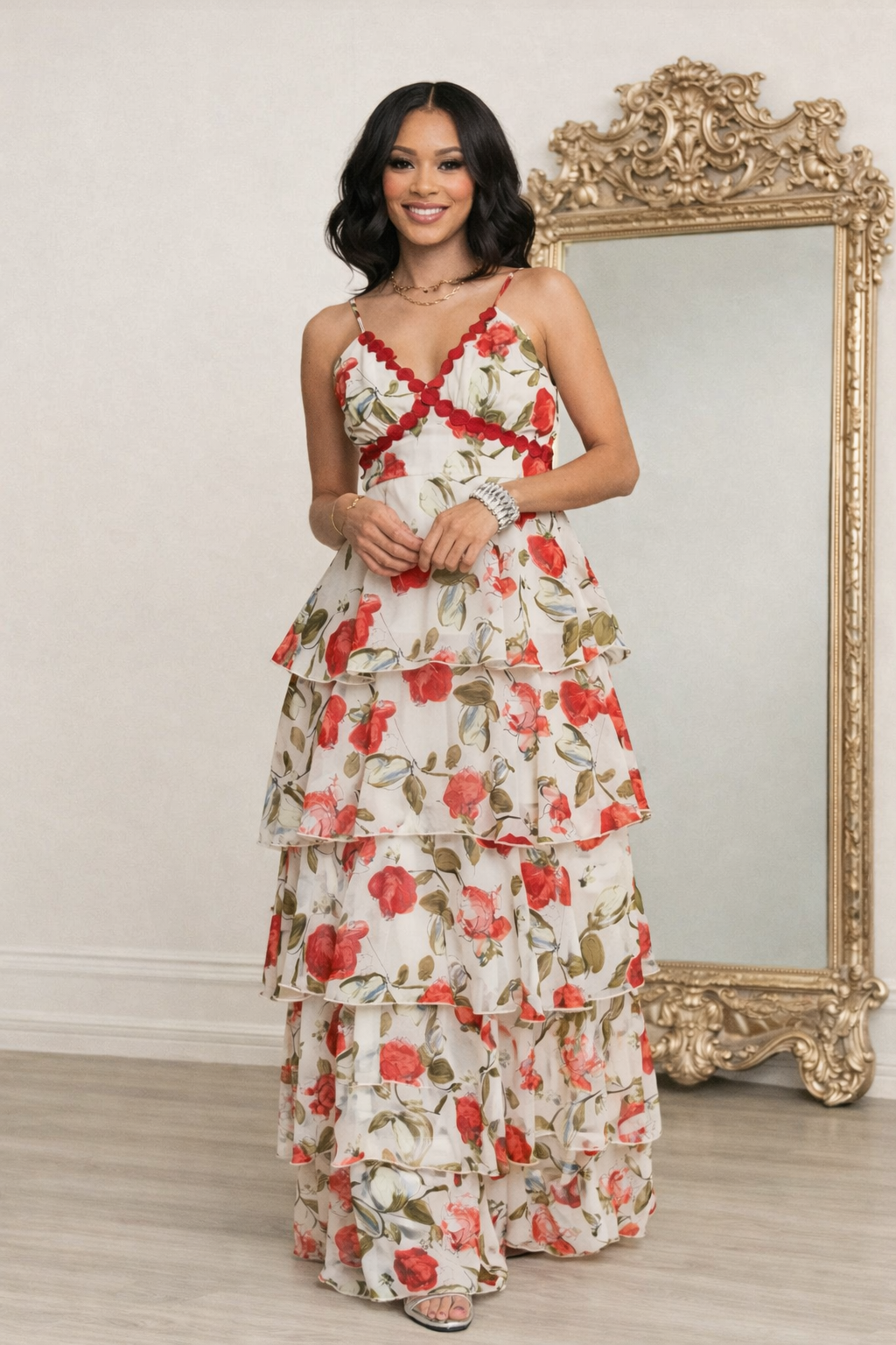 Davi & Dani Contrast Ring Lace Layered Ruffle Maxi Cami Dress