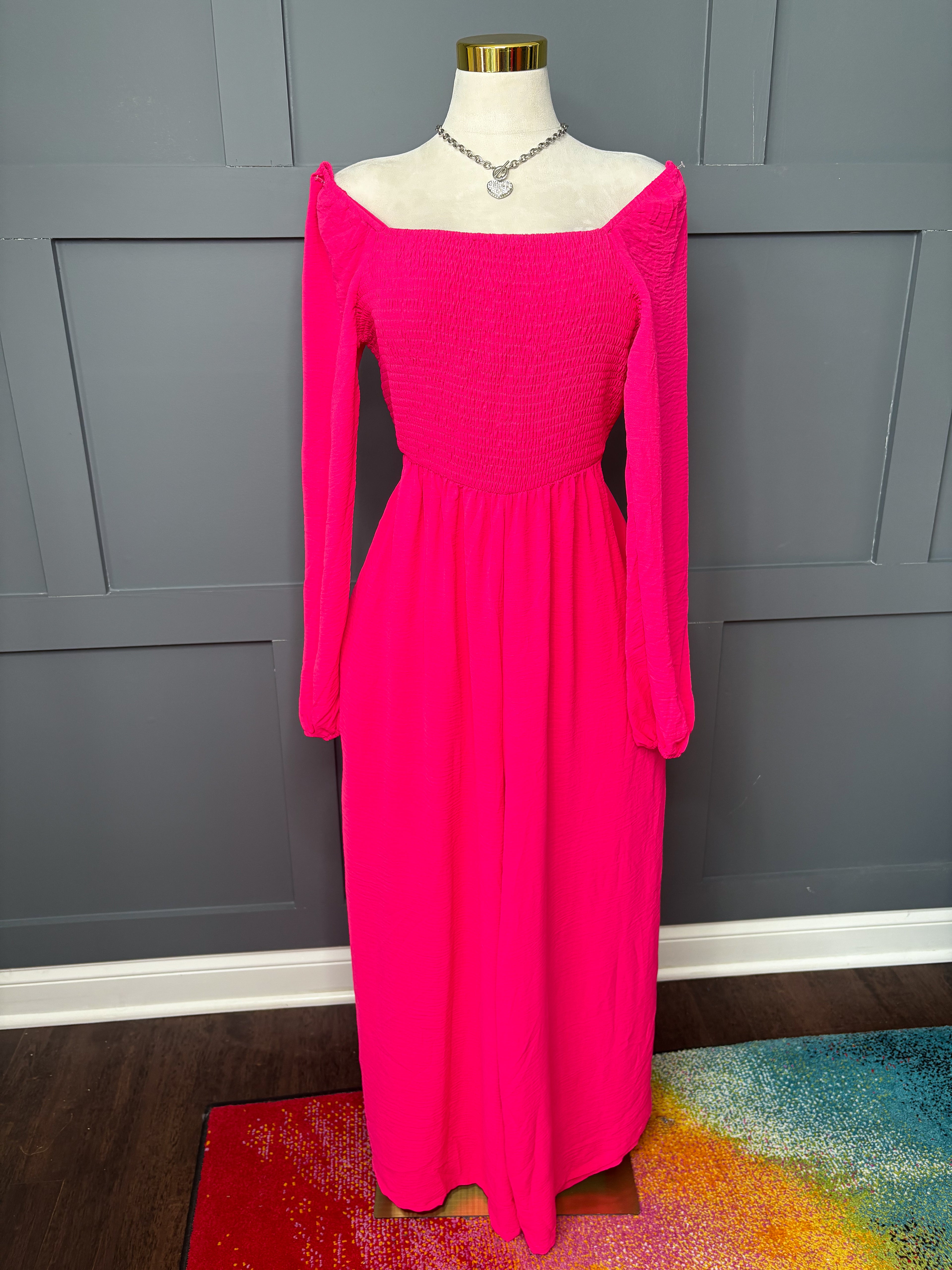 New Hot Pink Smocked Jumpsuit, 1X/2X